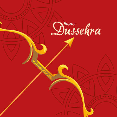 gold bow with arrow in front of mandalas ornaments on red background design, Happy dussehra lord ram festival and indian theme Vector illustrationのイラスト素材