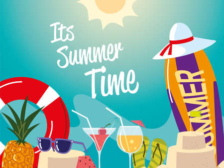 summer vacation travel, surfboard float sunglasses cocktails sandcastle vector illustration detailedのイラスト素材