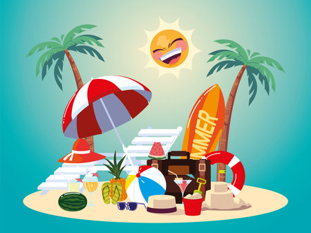 summer vacation travel, tropical plants and beach ball umbrella bag cocktail and more vector illustration detailedのイラスト素材