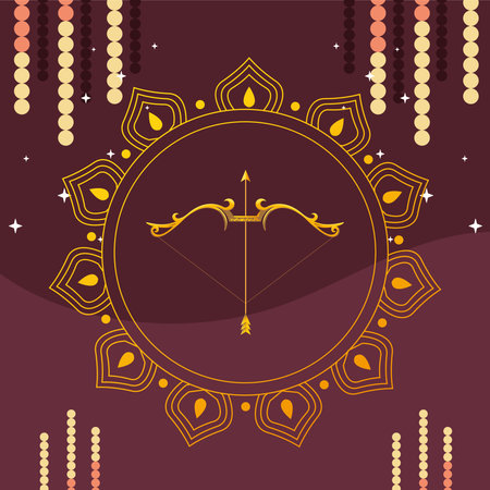 gold bow with arrow in front of mandala ornament on purple background design, Happy dussehra lord ram festival and indian theme Vector illustrationのイラスト素材