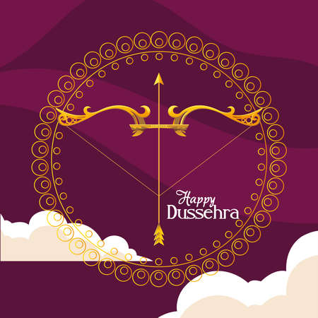 gold bow with arrow in front of mandala ornament on purple background design, Happy dussehra lord ram festival and indian theme Vector illustrationのイラスト素材