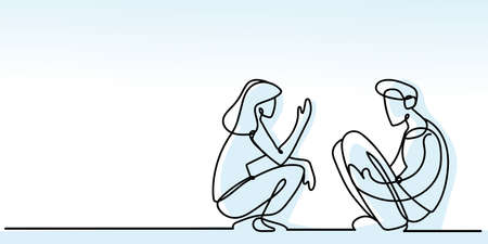 side view boy and girl curled up, continuous line blue style vector illustrationのイラスト素材