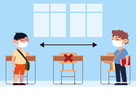 back to school, teen students in the classroom keep physical distance vector illustrationのイラスト素材