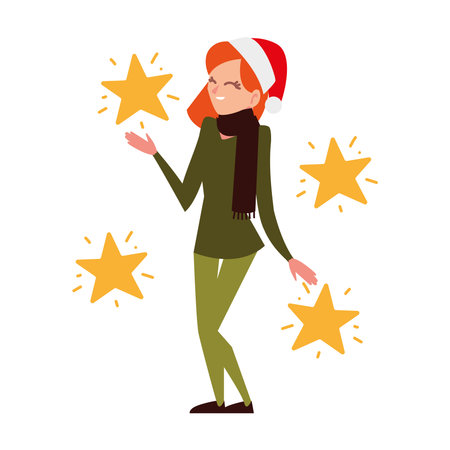 christmas people, happy woman with santa hat and stars celebrating season party vector illustrationのイラスト素材