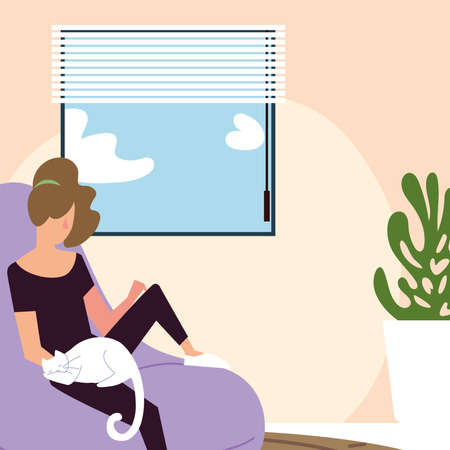 woman with cat sitting on bean chair in the room vector illustrationのイラスト素材