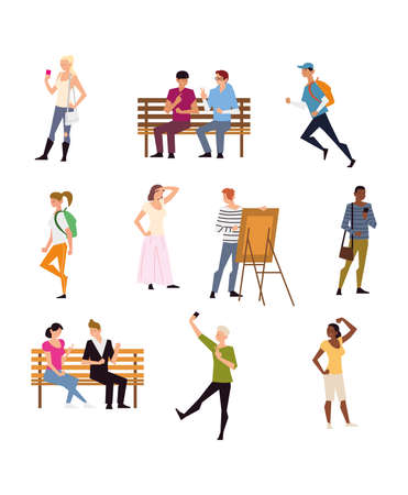 people outdoor activity, include walk, running, painting and more vector illustrationのイラスト素材