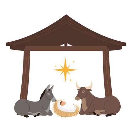 nativity, manger scene baby jesus with donkey and ox in the hut vector illustrationのイラスト素材