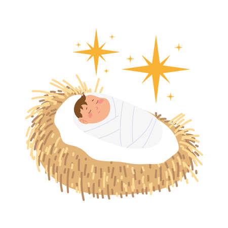 nativity, manger cute baby jesus in the crib cartoon vector illustrationのイラスト素材