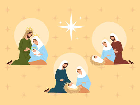 nativity, different holy family together manger scene vector illustrationのイラスト素材