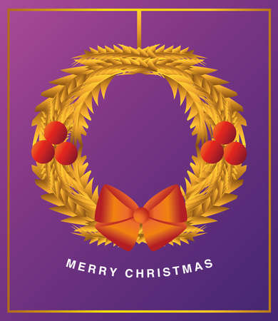 merry christmas, golden wreath holly berry bow decoration card vector illustrationのイラスト素材