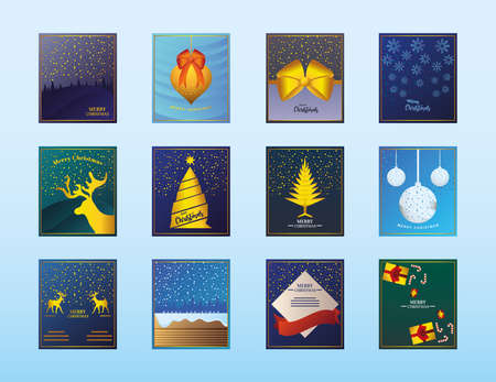 merry christmas, greeting card set with ball, tree, gift, snow and others icons vector illustrationのイラスト素材