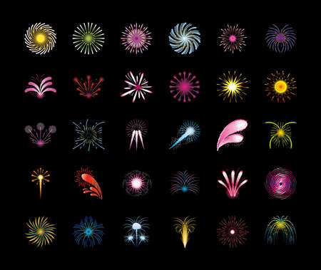 fireworks celebration party glowing color black background vector illustrationのイラスト素材