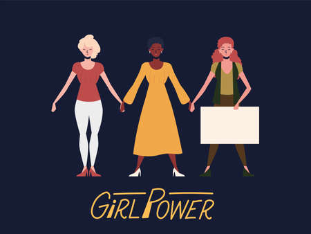 girl power, diverse group women with board vector illustrationのイラスト素材