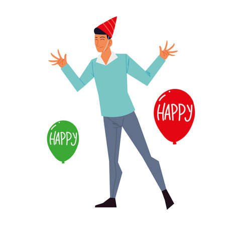 man with party hat balloons decoration and celebration vector illustrationのイラスト素材