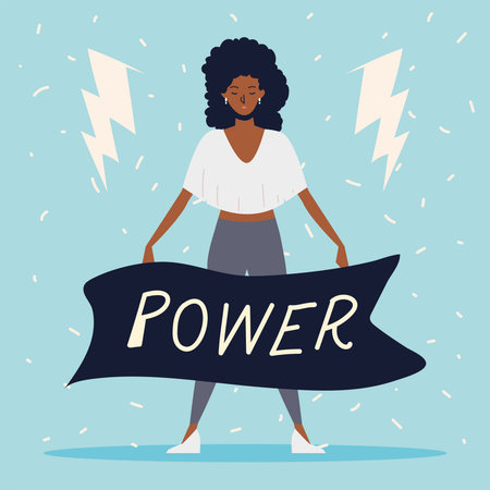 girl power, afro american woman with power message in ribbon vector illustrationのイラスト素材
