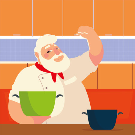 bearded chef cooking with pot professional restaurant vector illustrationのイラスト素材