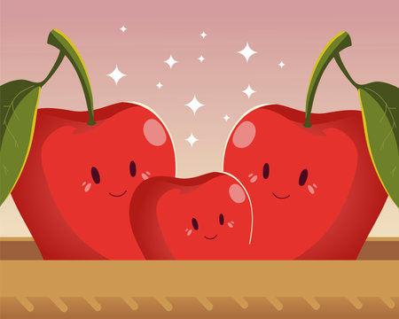 fruits kawaii funny face happiness cute apples freshness vector illustrationのイラスト素材
