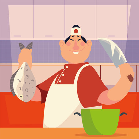 asian chef with fishes and knife worker professional restaurant vector illustrationのイラスト素材
