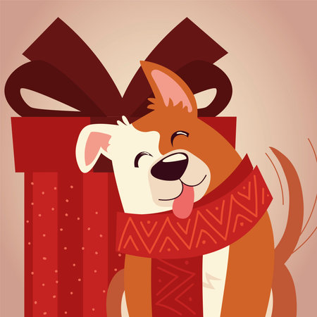 merry christmas cute dog tongue out with gift celebration vector illustrationのイラスト素材