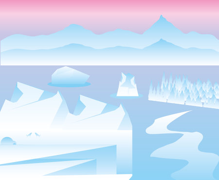 winter arctic landscape with iceberg, sea and mountains vector illustrationのイラスト素材