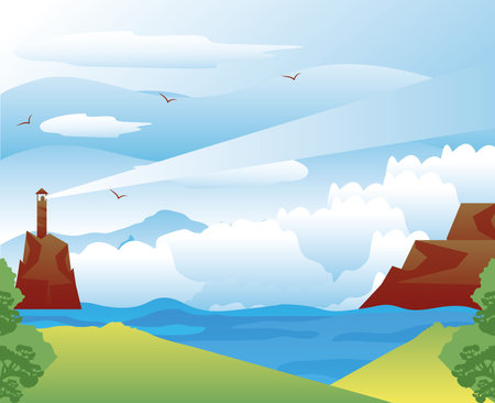 landscape lighthouse rocky mountain sea storm coast vector illustrationのイラスト素材