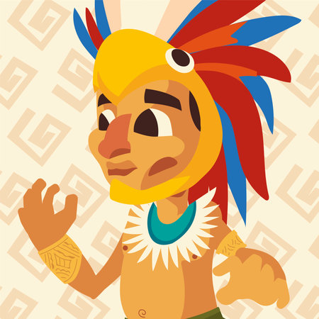 aztec warrior with parrot headgear in tribal background vector illustrationのイラスト素材
