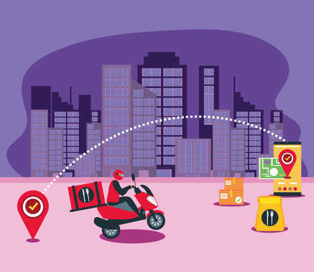 delivery online food order and package in ecommerce by application vector illustrationのイラスト素材
