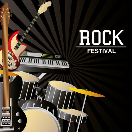 rock festival poster advertising musical instruments black sunburst background vector illustration detailedのイラスト素材