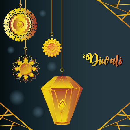 happy diwali festival, hanging gold lantern light floral ornaments vector illustrationのイラスト素材