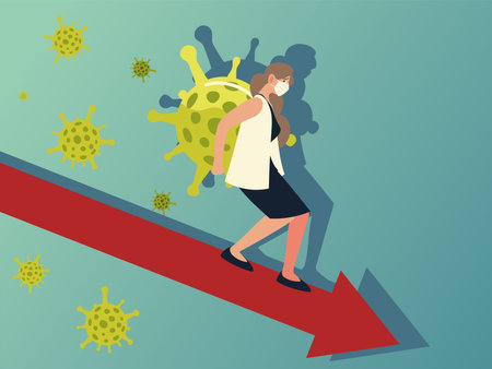 covid 19 virus businesswoman with decrease arrow design of 2019 ncov cov and coronavirus theme Vector illustrationのイラスト素材