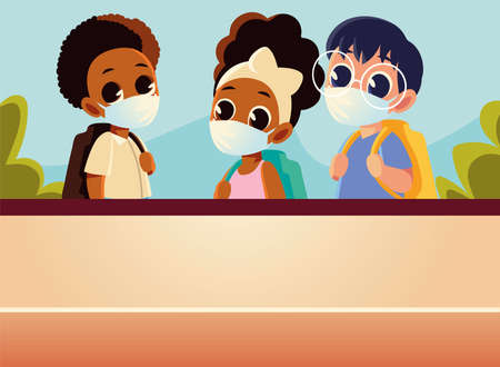 Back to school of boys and girl with medical masks design, social distancing and education theme Vector illustrationのイラスト素材
