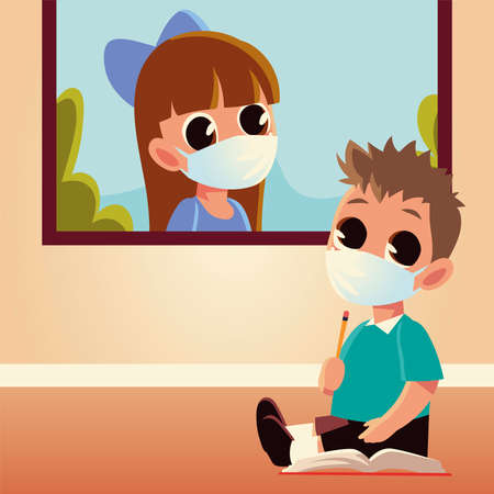 Back to school of girl and boy kid with medical masks design, social distancing and education theme Vector illustrationのイラスト素材