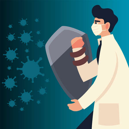 covid 19 virus protection and man doctor with mask and shield design of 2019 ncov cov and coronavirus theme Vector illustrationのイラスト素材