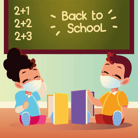 Back to school of girl and boy kid with medical masks and notebooks design, social distancing and education theme Vector illustrationのイラスト素材