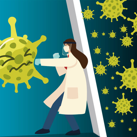 covid 19 virus protection and woman doctor hitting with mask and gloves design of 2019 ncov cov and coronavirus theme Vector illustrationのイラスト素材