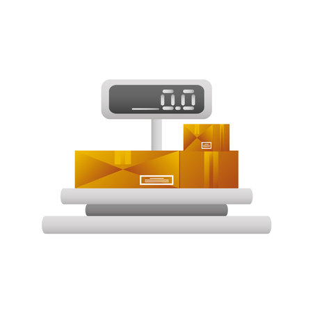 postal service, weight scale with cardboard boxes logistic, post service concept icon vector illustrationのイラスト素材