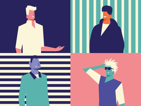 diversity men portrait characters on striped background set vector illustrationのイラスト素材