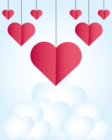 happy valentines day hanging hearts love on clouds sky background card vector illustrationのイラスト素材