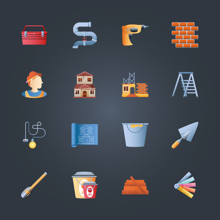 home remodeling toolbox drill bricks ladder blueprint trowel bucket pack icons black background vector illustrationのイラスト素材