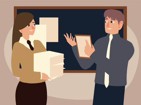 businessman read document and businesswoman with pile documents office vector illustrationのイラスト素材