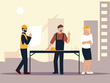 builder and architects female and male in the construction place with blueprints vector illustrationのイラスト素材