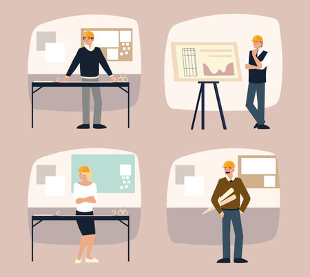 builders and architects set, planning project building construction vector illustrationのイラスト素材