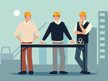builders and architects with blueprint on table in the workplace vector illustrationのイラスト素材