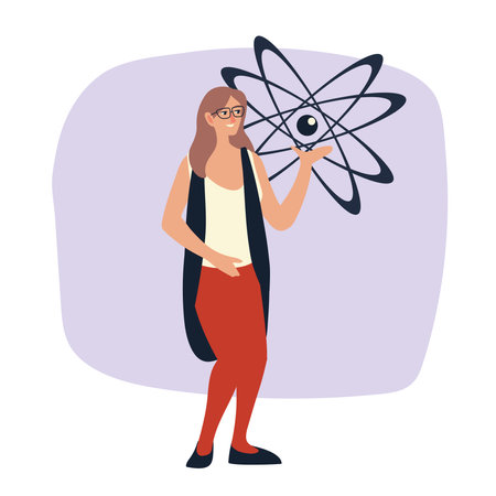 scientist woman with glasses and atom molecule design vector illustrationのイラスト素材