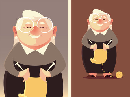 cute granny with wool and knitting needles, senior woman vector illustrationのイラスト素材