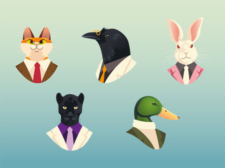 people art animals, cat crow duck panther and rabbit fashion hipster and vintage clothes vector illustrationのイラスト素材