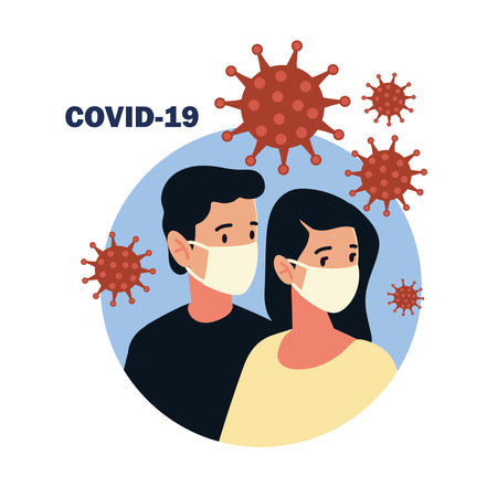 covid 19 impact, wearing face mask protecting himself, prevention and precaution vector illustrationのイラスト素材