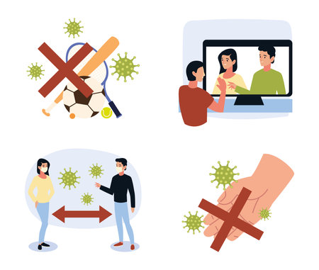 covid 19 pandemic global impact social distance work and studying vector illustrationのイラスト素材