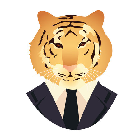 people art animal, tiger dressed in black suit and necktie vintage vector illustrationのイラスト素材