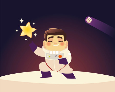 space astronaut in suit with star and planet galaxy cartoon vector illustrationのイラスト素材